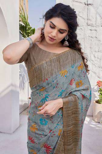 Grey Chiffon Floral Print/Stripes Printed Saree With Unstitched Blouse Piece