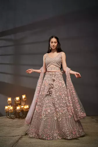 Mauve Net Multi Sequins with heavy Zarkan embroidery Semi-Stitched Lehenga choli & Dupatta