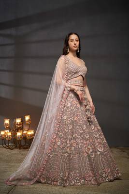 Mauve Net Multi Sequins with heavy Zarkan embroidery Semi-Stitched Lehenga choli & Dupatta 4