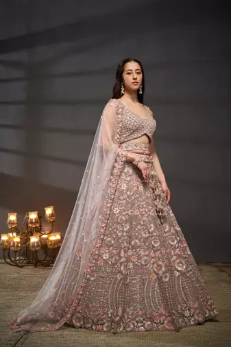 Mauve Net Multi Sequins with heavy Zarkan embroidery Semi-Stitched Lehenga choli & Dupatta
