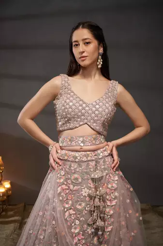 Mauve Net Multi Sequins with heavy Zarkan embroidery Semi-Stitched Lehenga choli & Dupatta