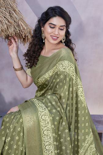 Olive Green Silk Blend Block Print/Batik Print Golden Zari Woven Border/Tassels Saree With Unstitched Blouse Piece