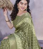 Olive Green Silk Blend Block Print/Batik Print Golden Zari Woven Border/Tassels Saree With Unstitched Blouse Piece