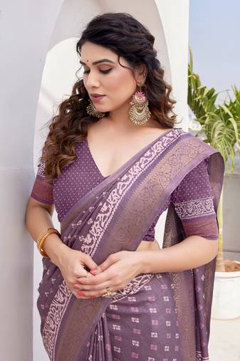 Dusty wine silk blend block print/batik print golden zari woven border/tassels saree with unstitched blouse piece