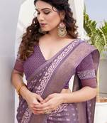 Dusty wine silk blend block print/batik print golden zari woven border/tassels saree with unstitched blouse piece