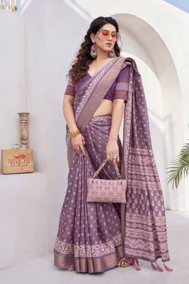 Dusty wine silk blend block print/batik print golden zari woven border/tassels saree with unstitched blouse piece 2