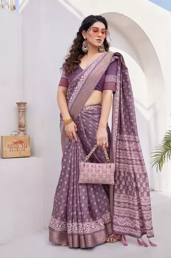 Dusty wine silk blend block print/batik print golden zari woven border/tassels saree with unstitched blouse piece