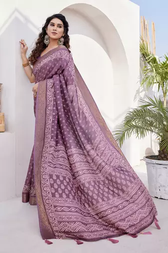 Dusty wine silk blend block print/batik print golden zari woven border/tassels saree with unstitched blouse piece