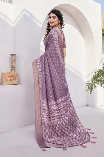 Dusty wine silk blend block print/batik print golden zari woven border/tassels saree with unstitched blouse piece
