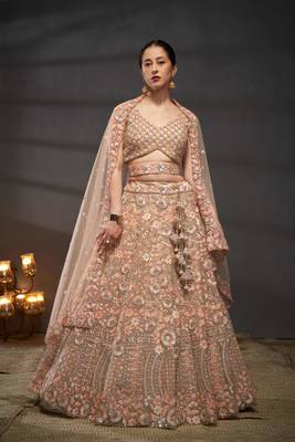 Peach Net Multi Sequins with heavy Zarkan embroidery Semi-Stitched Lehenga choli & Dupatta 1