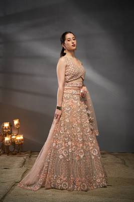 Peach Net Multi Sequins with heavy Zarkan embroidery Semi-Stitched Lehenga choli & Dupatta 3