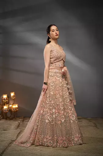 Peach Net Multi Sequins with heavy Zarkan embroidery Semi-Stitched Lehenga choli & Dupatta
