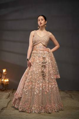 Peach Net Multi Sequins with heavy Zarkan embroidery Semi-Stitched Lehenga choli & Dupatta 4