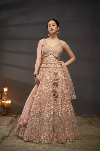 Peach Net Multi Sequins with heavy Zarkan embroidery Semi-Stitched Lehenga choli & Dupatta