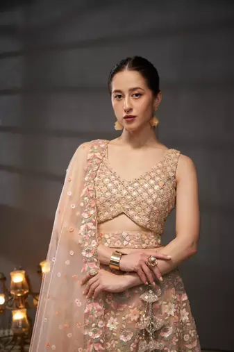 Peach Net Multi Sequins with heavy Zarkan embroidery Semi-Stitched Lehenga choli & Dupatta