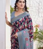 Navy blue silk blend geometric print golden zari woven border/tassels saree with unstitched blouse piece