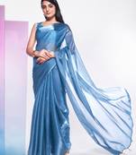 Women blue plain organza saree with blouse