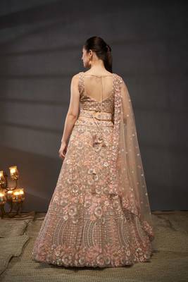 Peach Net Multi Sequins with heavy Zarkan embroidery Semi-Stitched Lehenga choli & Dupatta 7