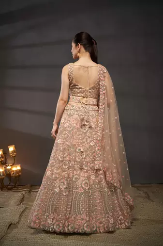 Peach Net Multi Sequins with heavy Zarkan embroidery Semi-Stitched Lehenga choli & Dupatta