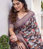Wine Silk Blend Geometric Print Golden Zari Woven Border/Tassels Saree With Unstitched Blouse Piece
