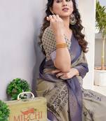 Beige Silk Blend Floral Print Golden Zari Woven Border/Tassels Saree With Unstitched Blouse Piece