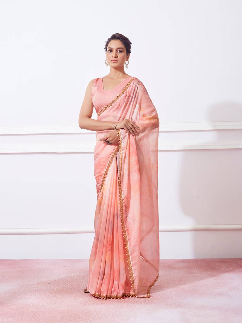 Women peach printed organza saree with blouse