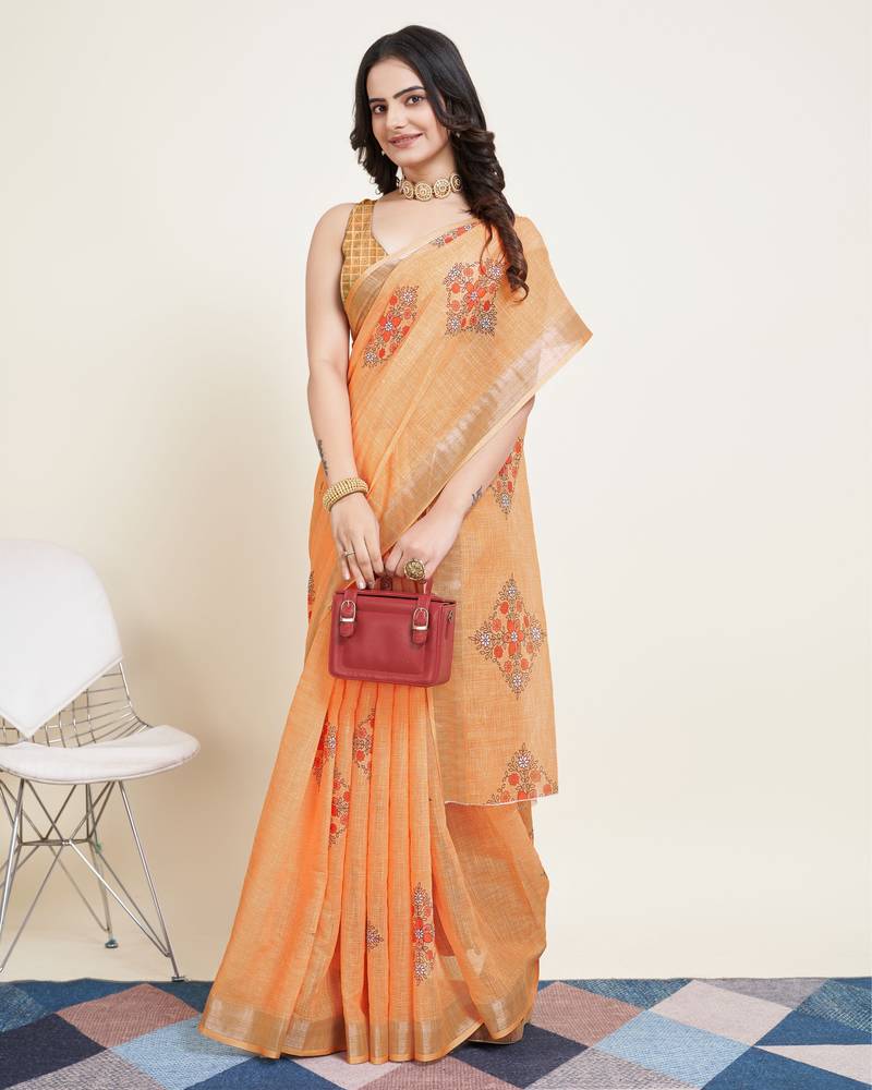 Women orange printed cotton saree with blouse