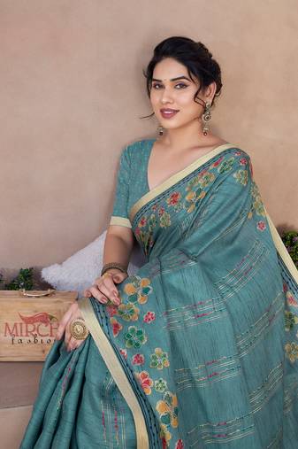 Teal cotton blend floral print/stripes golden zari border/tassels saree with unstitched blouse piece