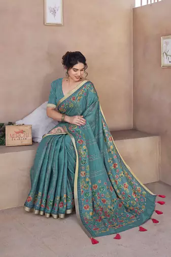 Teal cotton blend floral print/stripes golden zari border/tassels saree with unstitched blouse piece