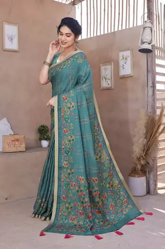 Teal cotton blend floral print/stripes golden zari border/tassels saree with unstitched blouse piece