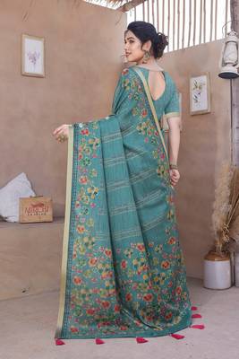 Teal cotton blend floral print/stripes golden zari border/tassels saree with unstitched blouse piece 4