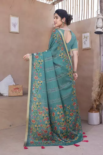 Teal cotton blend floral print/stripes golden zari border/tassels saree with unstitched blouse piece
