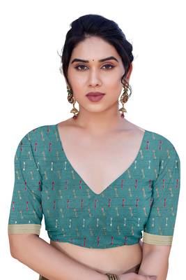 Teal cotton blend floral print/stripes golden zari border/tassels saree with unstitched blouse piece 5