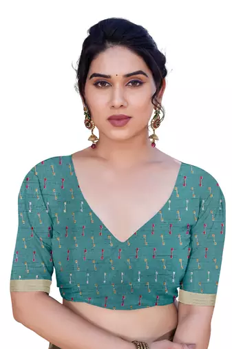 Teal cotton blend floral print/stripes golden zari border/tassels saree with unstitched blouse piece