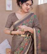 Dusty Brown Cotton Blend Floral Print/Stripes Golden Zari Border/Tassels Saree With Unstitched Blouse Piece