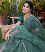 Teal Kota Doria/Polyester Geometric Print/Block Print Golden Zari Border Saree With Unstitched Blouse Piece