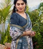 White Kota Doria/Polyester Floral Print/Leaf Print Golden Zari Border Saree With Unstitched Blouse Piece