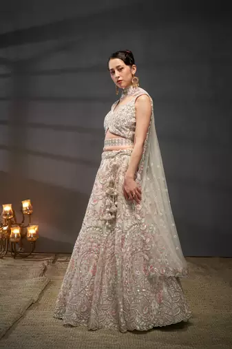 Cream Net Multi Sequins with heavy Zarkan embroidery Lehenga choli & Dupatta