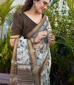 White Kota Doria/Polyester Floral Print/Leaf Print Golden Zari Border Saree With Unstitched Blouse Piece