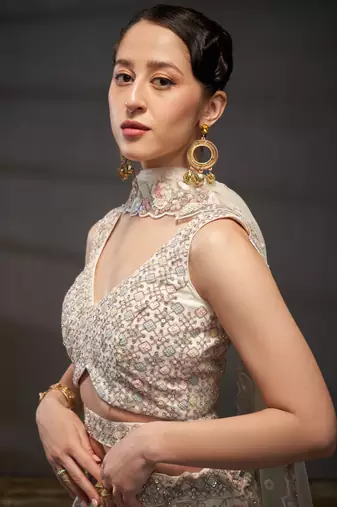 Cream Net Multi Sequins with heavy Zarkan embroidery Lehenga choli & Dupatta