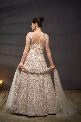 Cream Net Multi Sequins with heavy Zarkan embroidery Lehenga choli & Dupatta