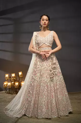 Cream Net Multi Sequins with heavy Zarkan embroidery Lehenga choli & Dupatta