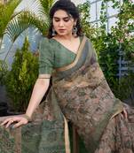 Dusty Peach Kota Doria/Polyester Floral Print/Leaf Print Golden Zari Border Saree With Unstitched Blouse Piece