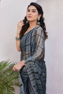Grey Chiffon Shibori Print/Dyed Print /Tassels Saree With Unstitched Blouse Piece 1