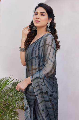 Grey Chiffon Shibori Print/Dyed Print /Tassels Saree With Unstitched Blouse Piece