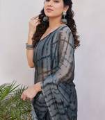 Grey Chiffon Shibori Print/Dyed Print /Tassels Saree With Unstitched Blouse Piece