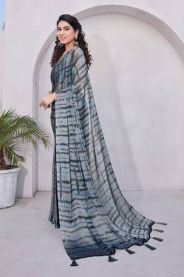 Grey Chiffon Shibori Print/Dyed Print /Tassels Saree With Unstitched Blouse Piece 3