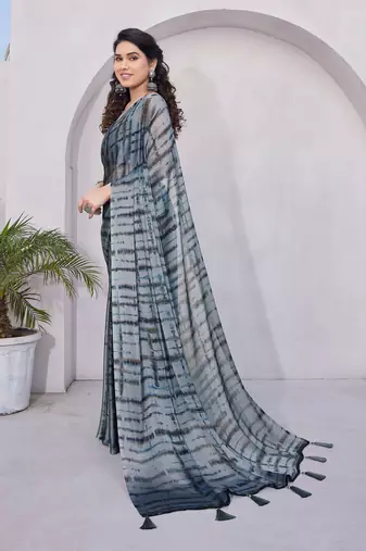 Grey Chiffon Shibori Print/Dyed Print /Tassels Saree With Unstitched Blouse Piece