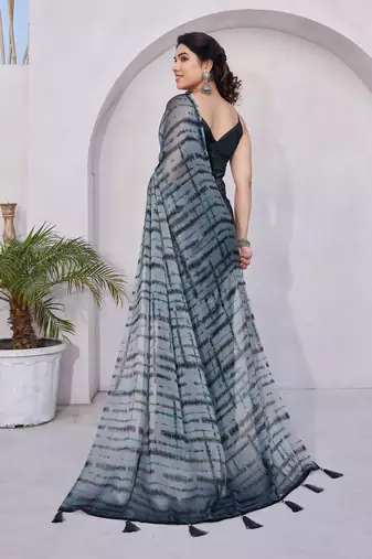Grey Chiffon Shibori Print/Dyed Print /Tassels Saree With Unstitched Blouse Piece