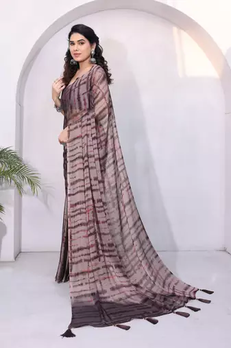 Dusty Rose Pink Chiffon Shibori Print/Dyed Print /Tassels Saree With Unstitched Blouse Piece